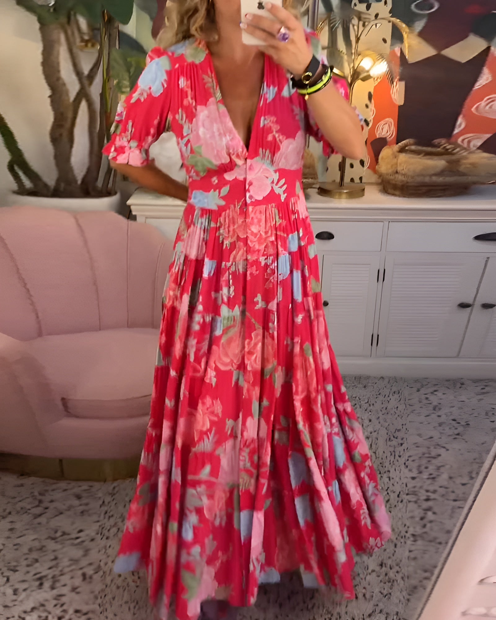 Carine | Kjole med lommer, V-hals og blomsterprint