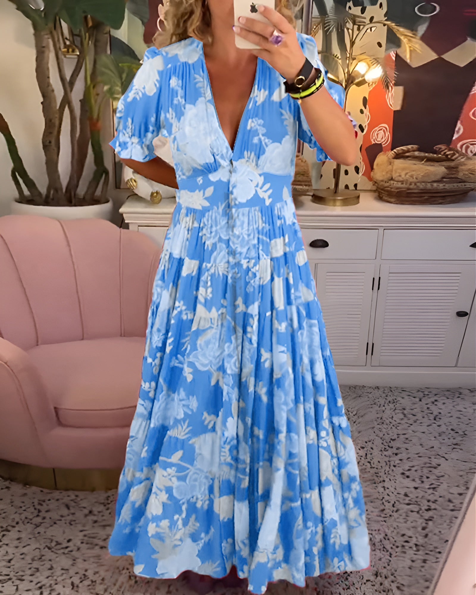 Carine | Kjole med lommer, V-hals og blomsterprint