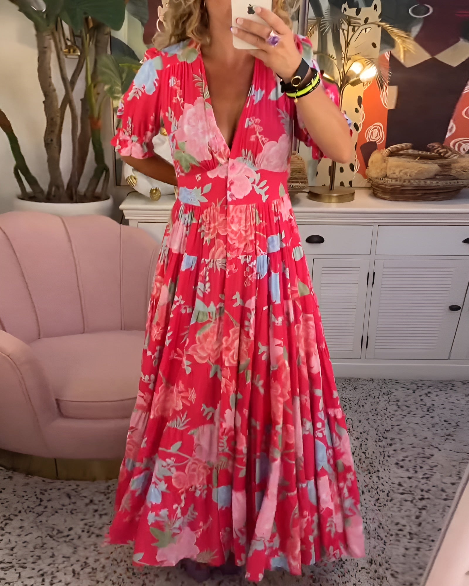 Carine | Kjole med lommer, V-hals og blomsterprint