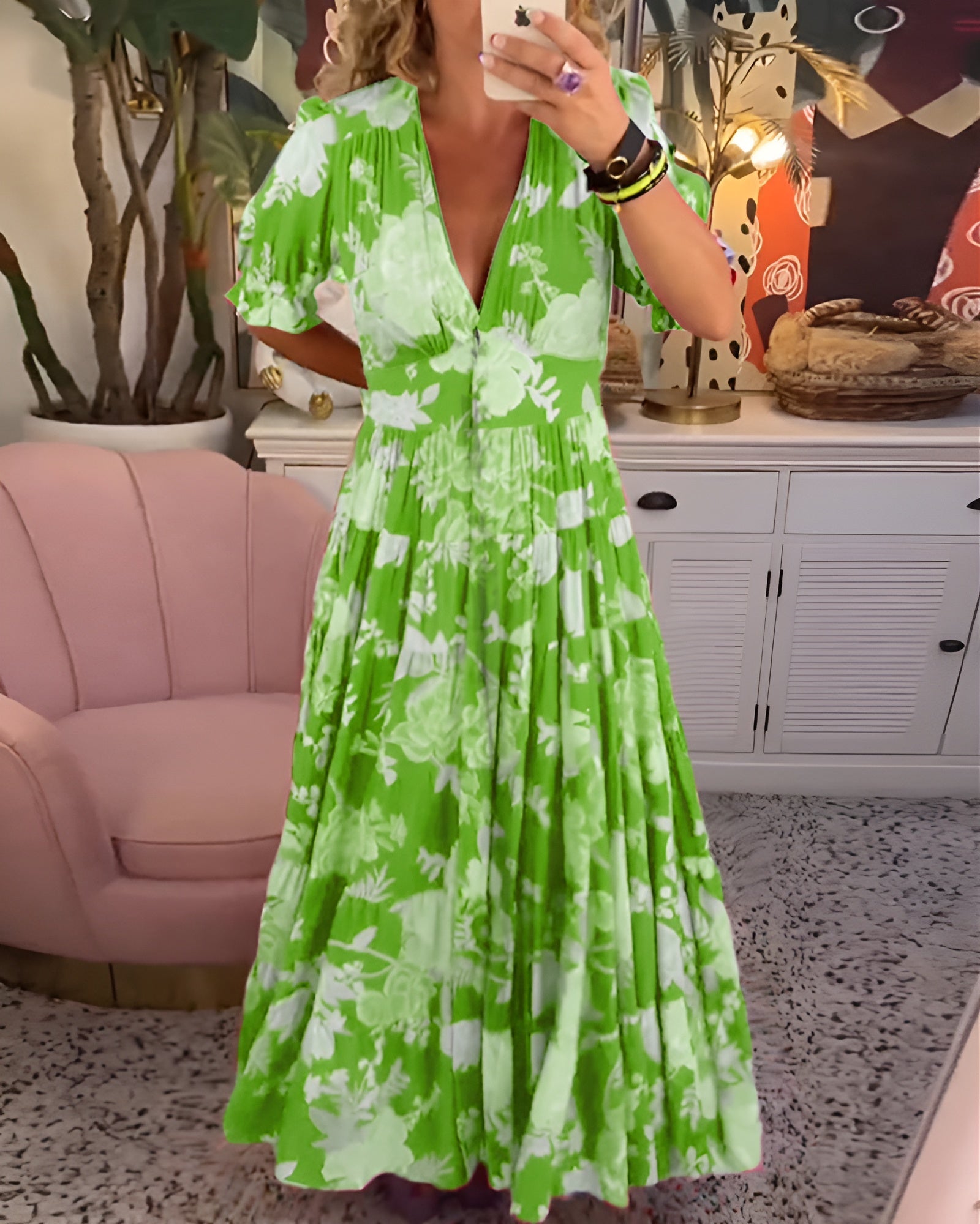 Carine | Kjole med lommer, V-hals og blomsterprint