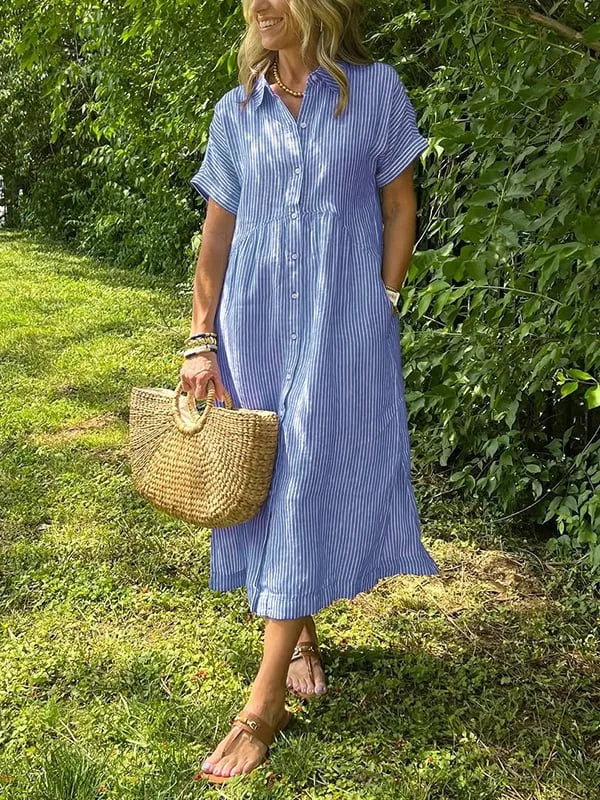 Nadia™ – Skjortekjole med striper, avslappet snitt og sidelommer